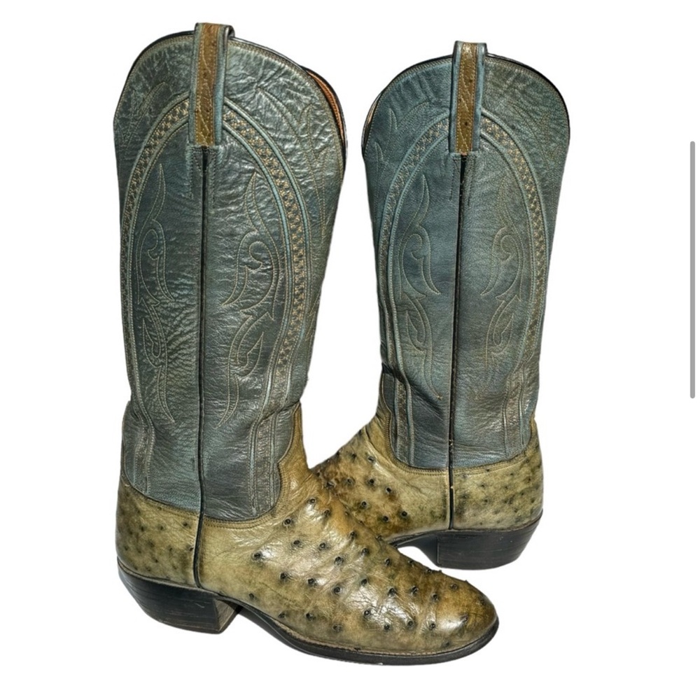 Lucchese Two-Tone Green Ostrich Heeled Cowboy Boots - Picture 3 of 14